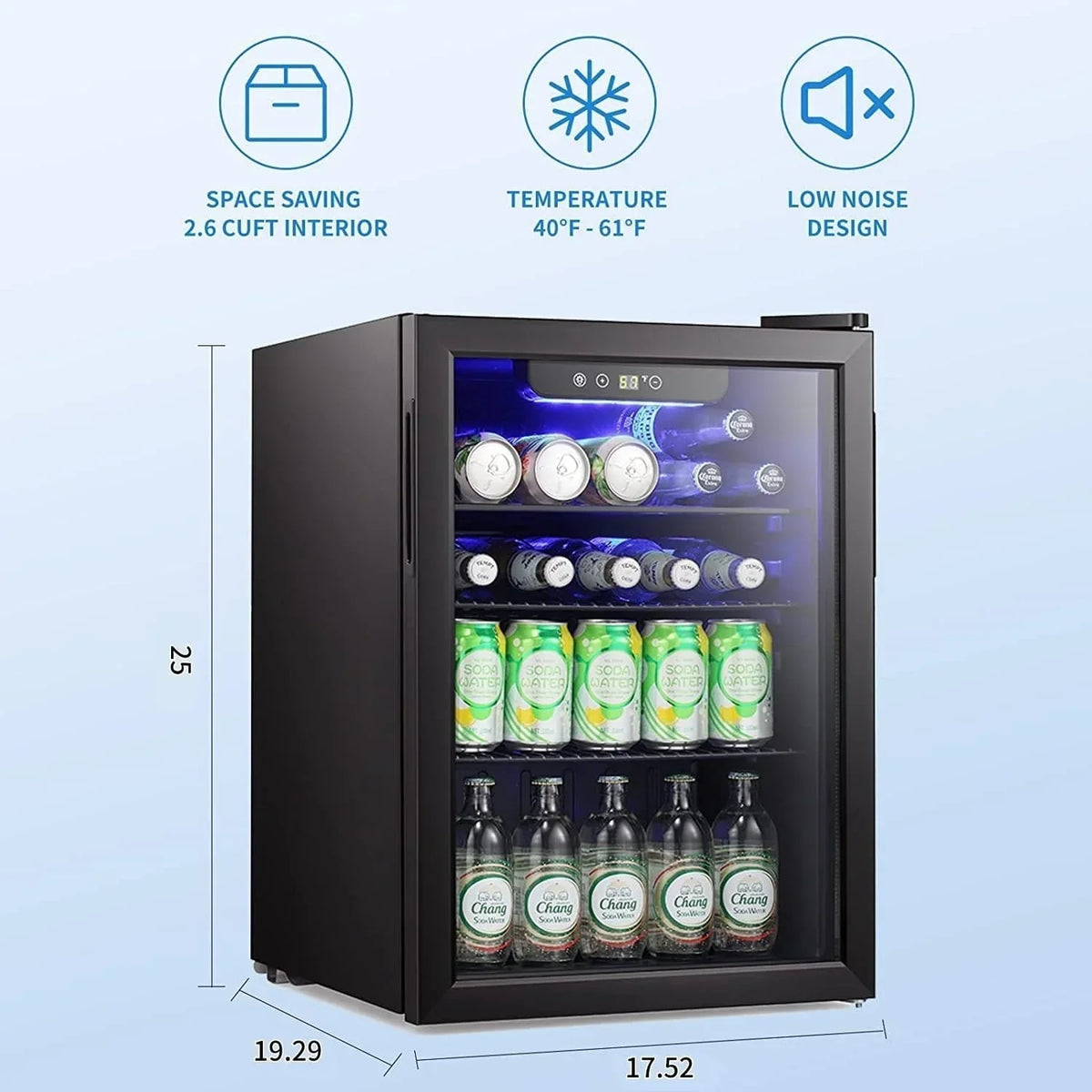 Mini-Kühlschrank für 100 Dosen, Getränkekühlschrank und Weinkühler mit transparenter Glastür und Touchscreen – 2,6 cu. ft.