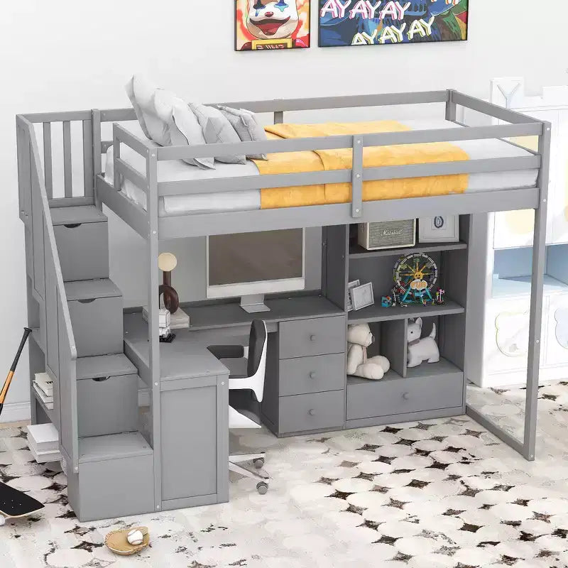 Cama alta de tamanho Twin com secretária em L, 3 gavetas, armário, arrumação nas escadas e estrutura em pinho maciço/MDF