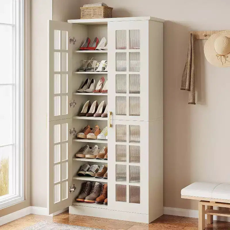 Lantine Wysoka szafka na buty z drzwiczkami, 8-poziomowy organizer na obuwie z regulowanymi półkami, nowoczesna szafka na buty do przedpokoju, garderoby lub salonu, biała