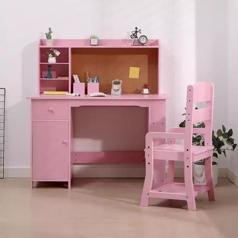 Kinderbureau met stoel voor jongens en meisjes, houten schrijftafel met boekenkast, prikbord, kast en lade voor kinderen van 3-8 jaar