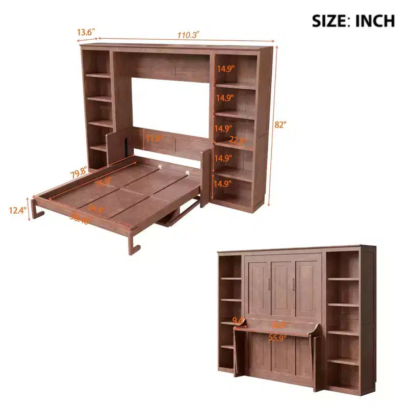 Łóżko składane (Murphy Bed) w rozmiarze Full/Queen, oszczędzające miejsce łóżko ścienne z biurkiem i regałem, ciemny brąz - ModernLuxe