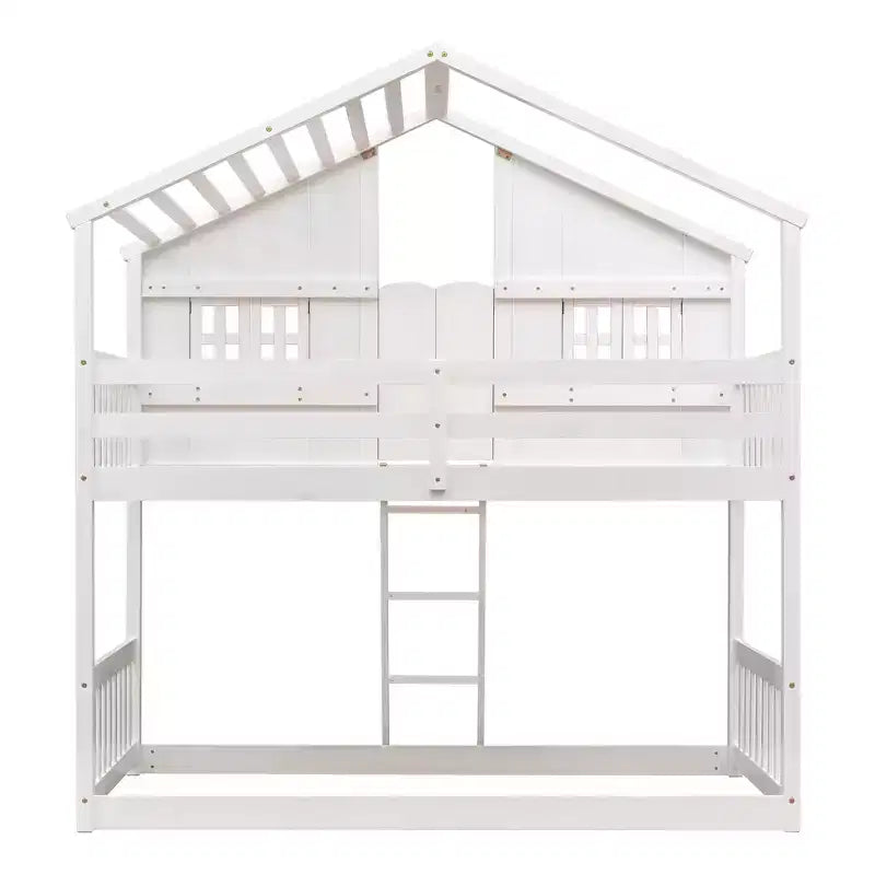 Hochbett in Einzelbettgröße in Hausform, hölzernes Spielhaus-Hochbett mit Leiter und Absturzsicherungen für Kinder