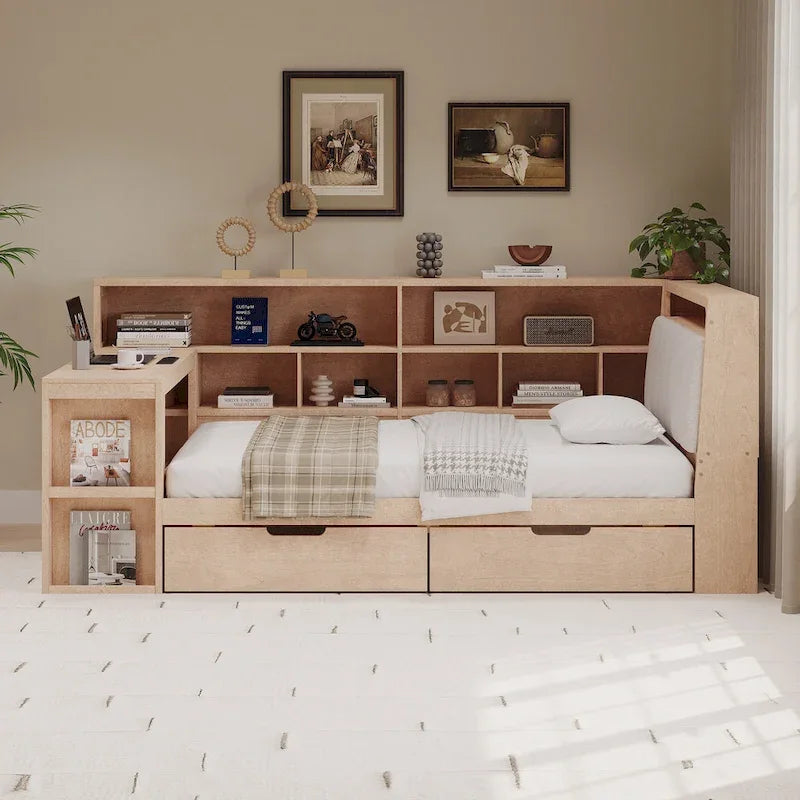Sofa narożna z drewna w kształcie litery L z biurkiem, regałem, łóżkiem narożnym z szufladami pod łóżkiem, tapicerowanym zagłówkiem i wbudowanym oświetleniem