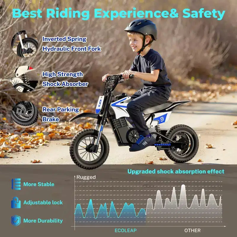ECOLEAP K1 elektrisches Dirtbike für Kinder, 36 V, schnell mit 16 MPH, Reichweite von 14 Meilen, 700-W-Spitzenmotor, 3 Geschwindigkeitsstufen, 12 Offroad-Reifen, UL, für Kinder von 3–10 Jahren