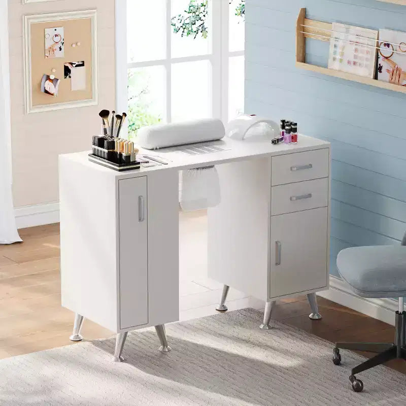 42-calowy stolik do manicure dla stylistki paznokci z pochłaniaczem pyłu i podkładką pod nadgarstki, biurko do paznokci z pionową wysuwaną szafką, 1 szafką do przechowywania i 2 szufladami