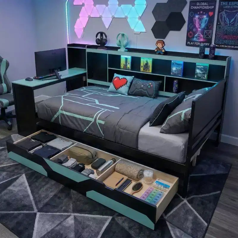 Łóżko Gamer Hub z biurkiem, oświetleniem RGB, stacją ładującą, szufladami i wezgłowiem z regałem