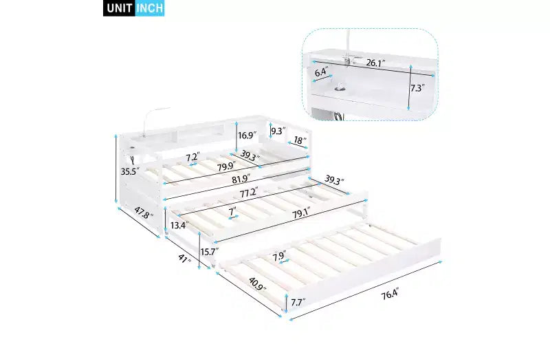 Dřevěná válenda Whisen Twin XL se 2 výsuvnými lůžky, 3 úložnými přihrádkami, 1 světlem zdarma a USB nabíjením