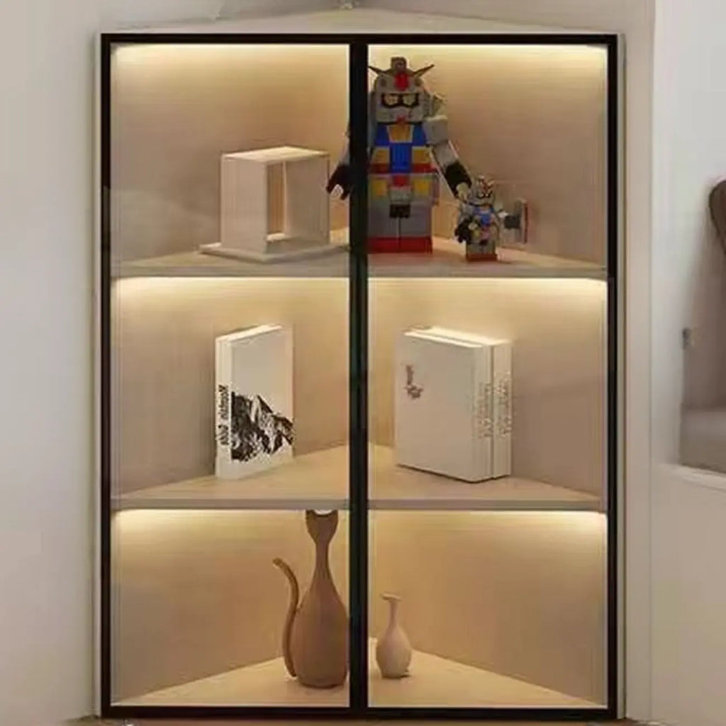 Vitrine de canto moderna em metal e madeira cinzenta com porta de vidro