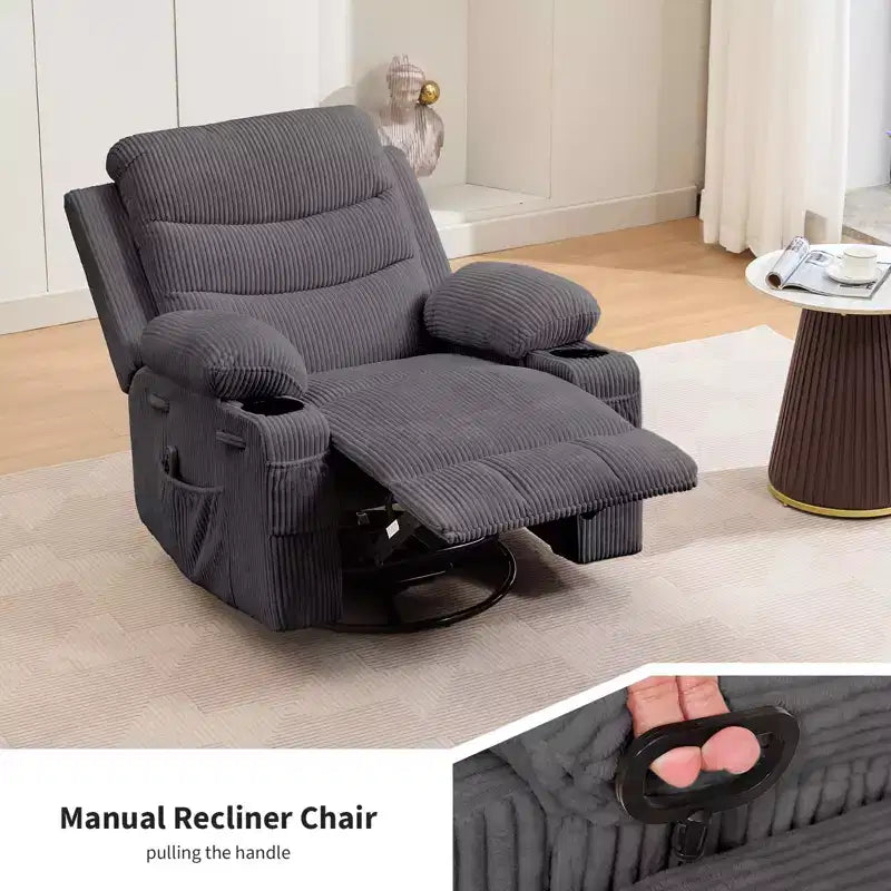 Fauteuil inclinable à bascule pivotant à 360° grand format avec massage et chauffage – fauteuil lounge ergonomique avec porte-gobelets et poches latérales pour le salon ou la chambre d’enfant