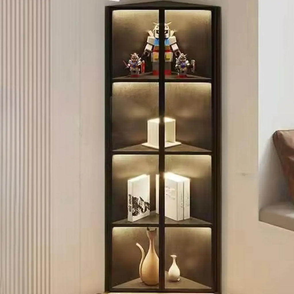 Vitrine de canto moderna em metal e madeira cinzenta com porta de vidro