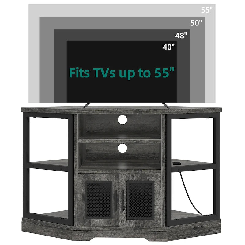 Eck-TV-Ständer im Landhausstil, Entertainment-Center und Medienkonsole für Fernseher bis 55 Zoll mit Steckdose
