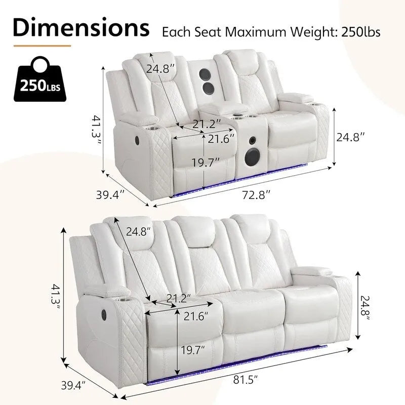Elektrisch verstellbares Sofa mit kabellosem Ladegerät, Leselampe für das Wohnzimmer, Kunstleder, LED-Beleuchtung, AC-/USB-Anschluss und Getränkehalter, Schwarz