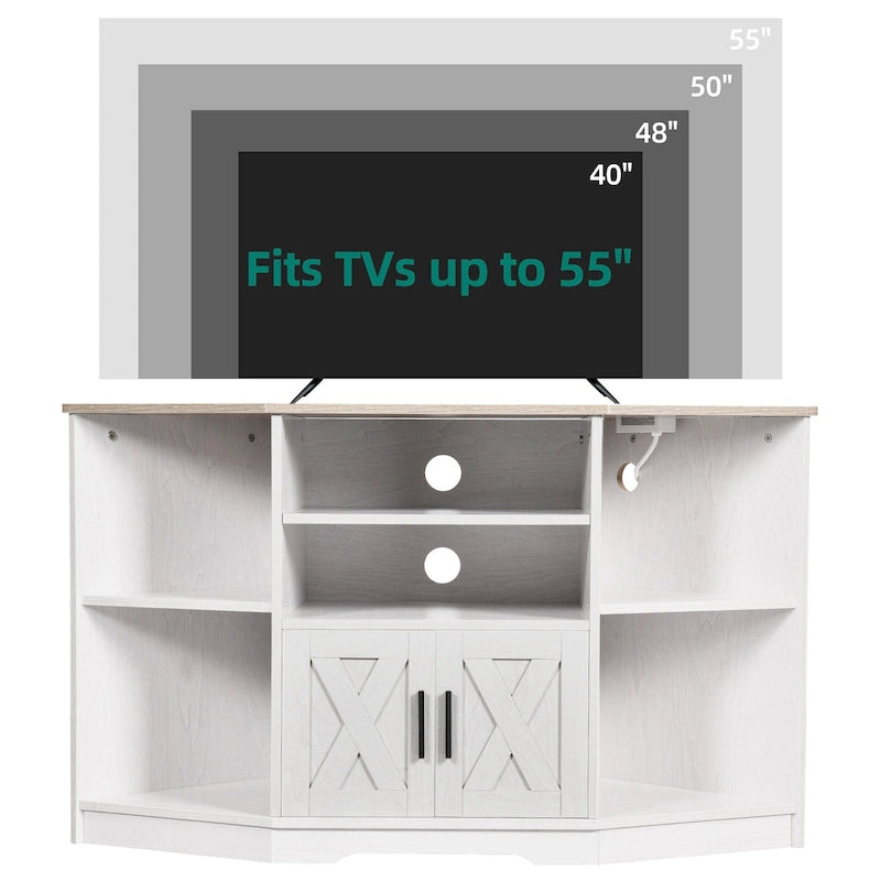 Eck-TV-Ständer im Landhausstil, Entertainment-Center und Medienkonsole für Fernseher bis 55 Zoll mit Steckdose