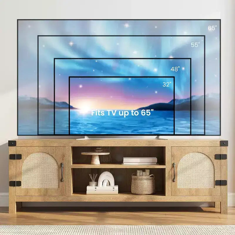 165 cm brede tv-meubel in bohemienstijl met rieten deur - houten entertainmentcentrum met twee kasten en verstelbare planken, geschikt voor woonkamers