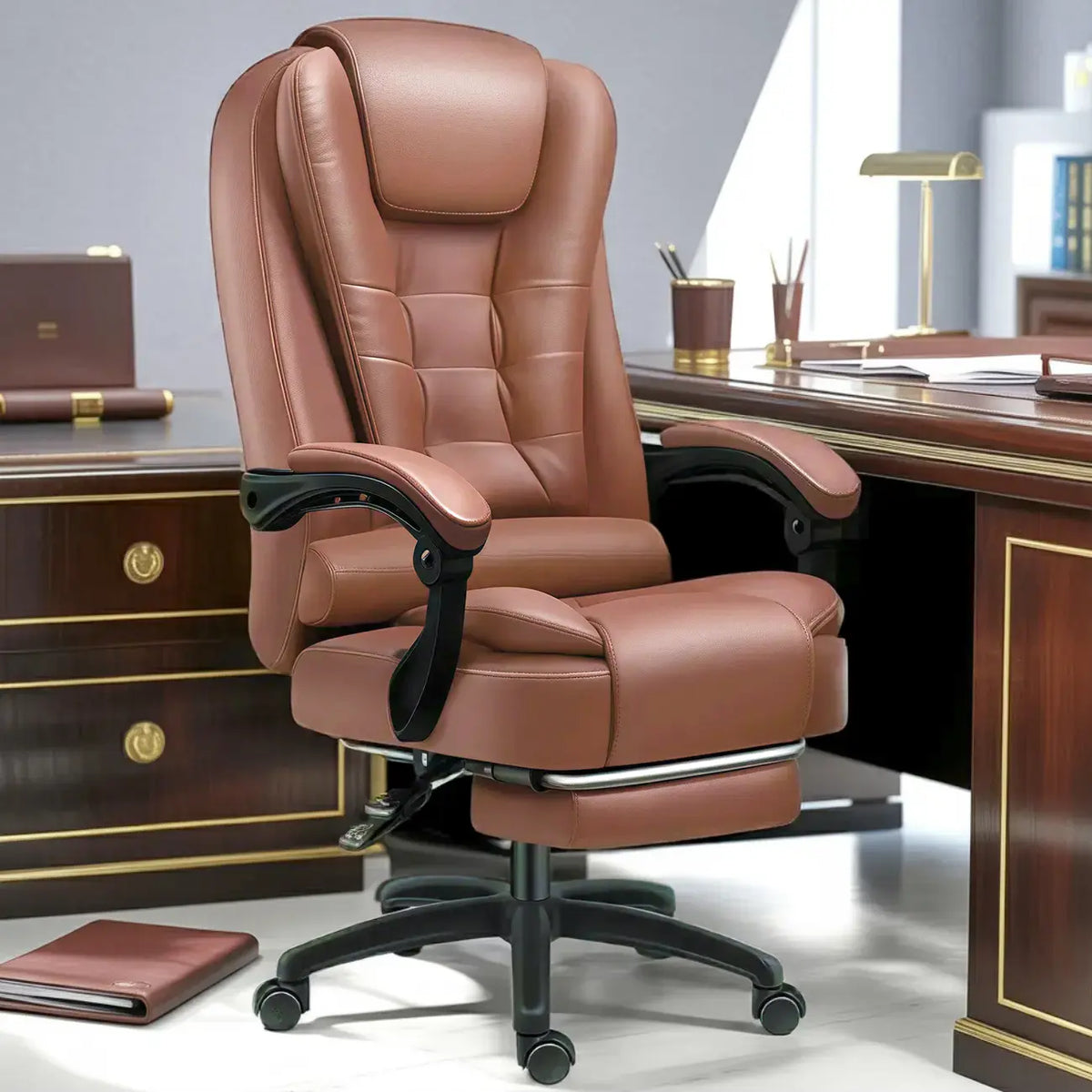 Ergonomické otočné kancelářské křeslo z černé kůže s podnožkou