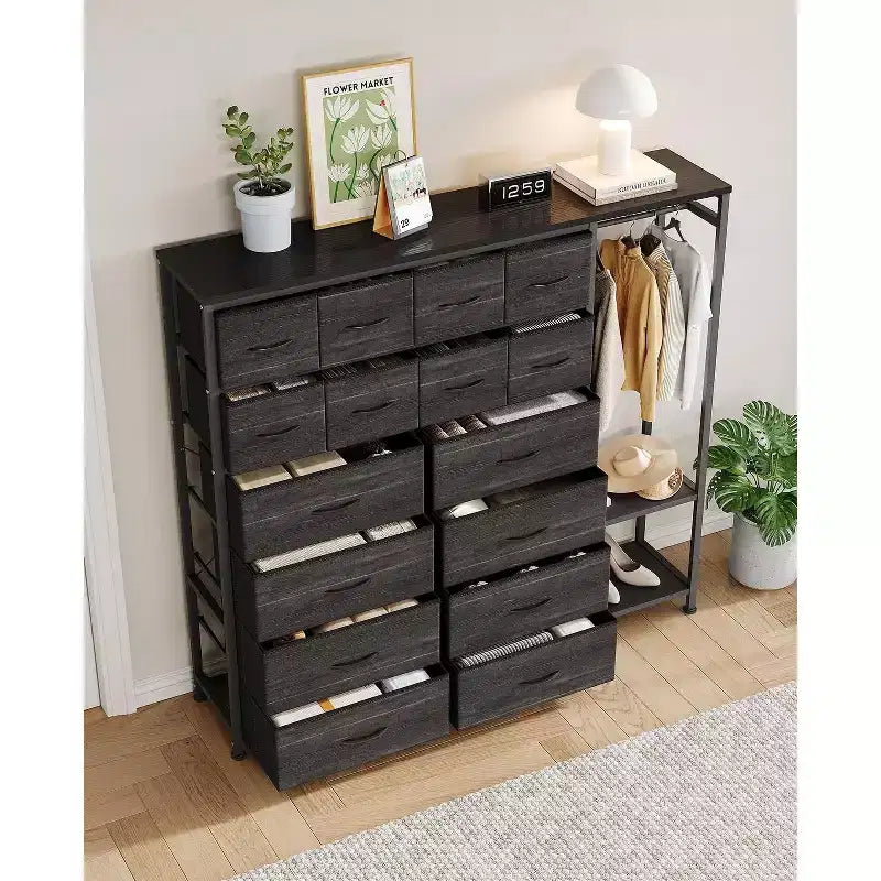 Kommode mit 16 Schubladen, Kleiderstange und Regalen, Stoff-Organizer zur Aufbewahrung für Schlafzimmer, Kleiderschrank oder Eingangsbereich