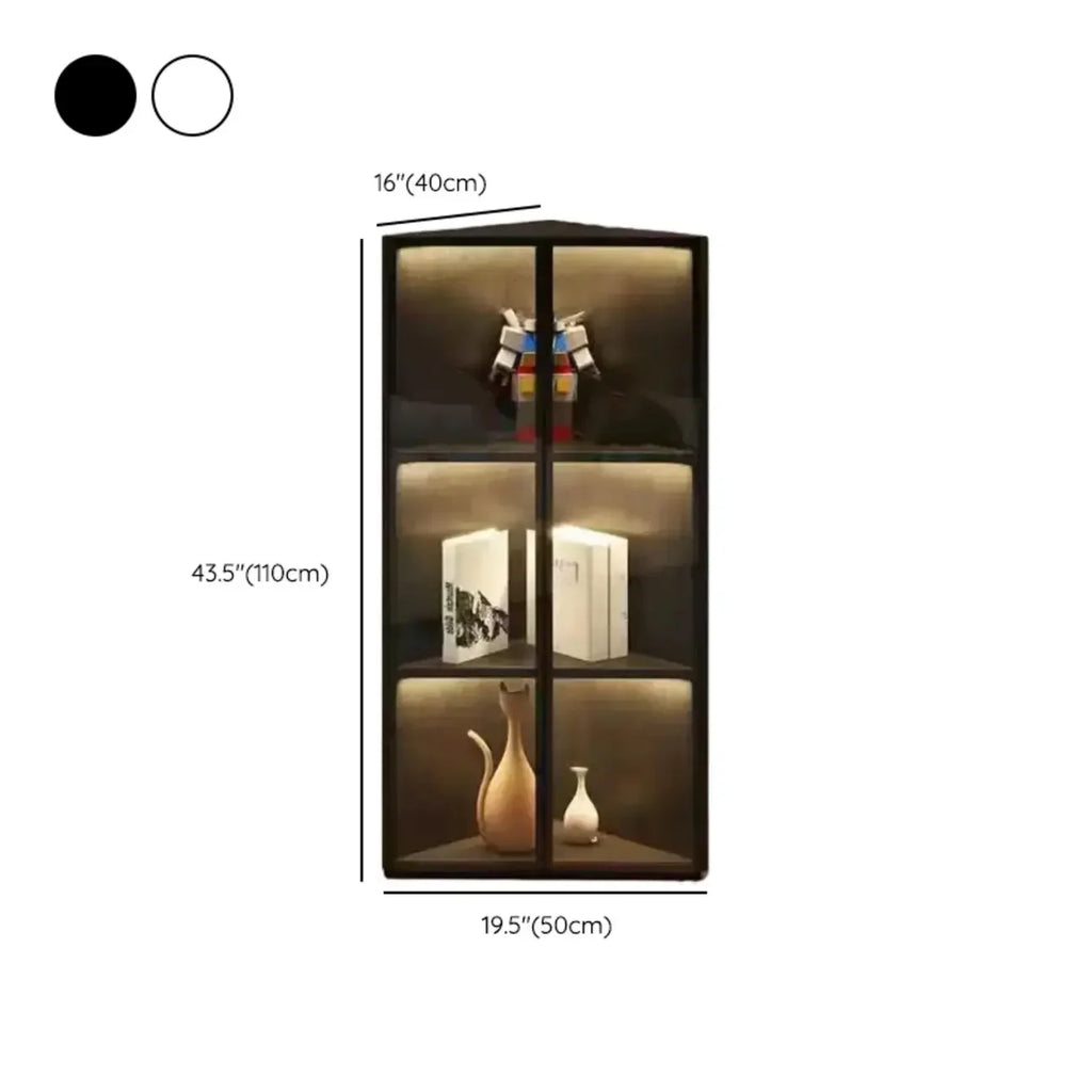 Vitrine de canto moderna em metal e madeira cinzenta com porta de vidro