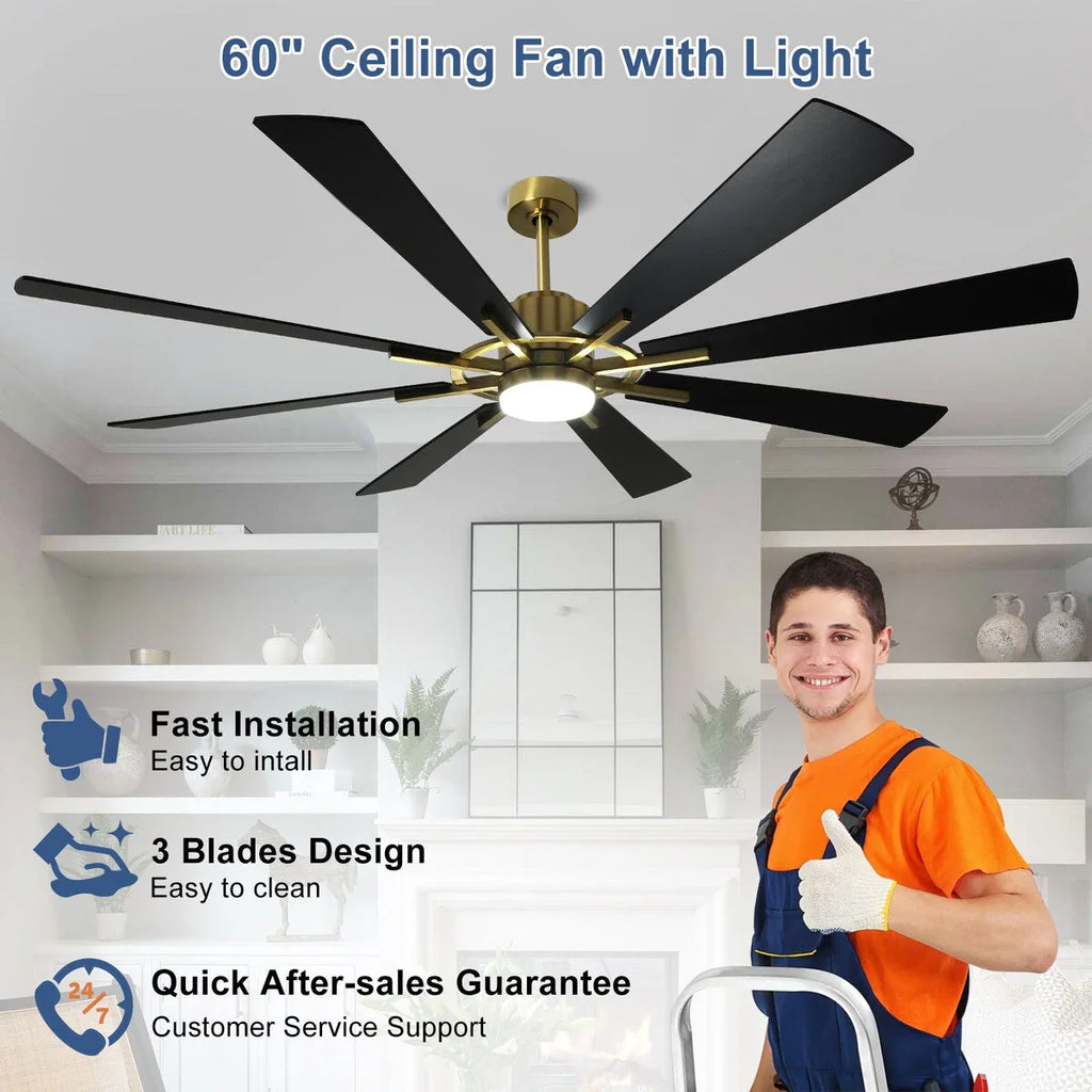 Grand ventilateur de plafond télécommandé avec éclairage et 8 grandes pales en bois
