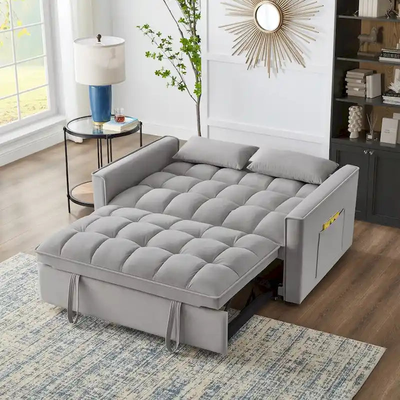 Sofá-cama de 2 lugares 4 em 1 com braços e bolsos de arrumação, sofá-cama extraível multifunções com encosto ajustável