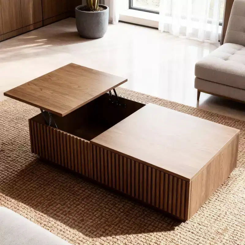 51.1 Mesa de centro moderna de meados do século com tampo elevável, mesa retangular central em nogueira para a sala de estar