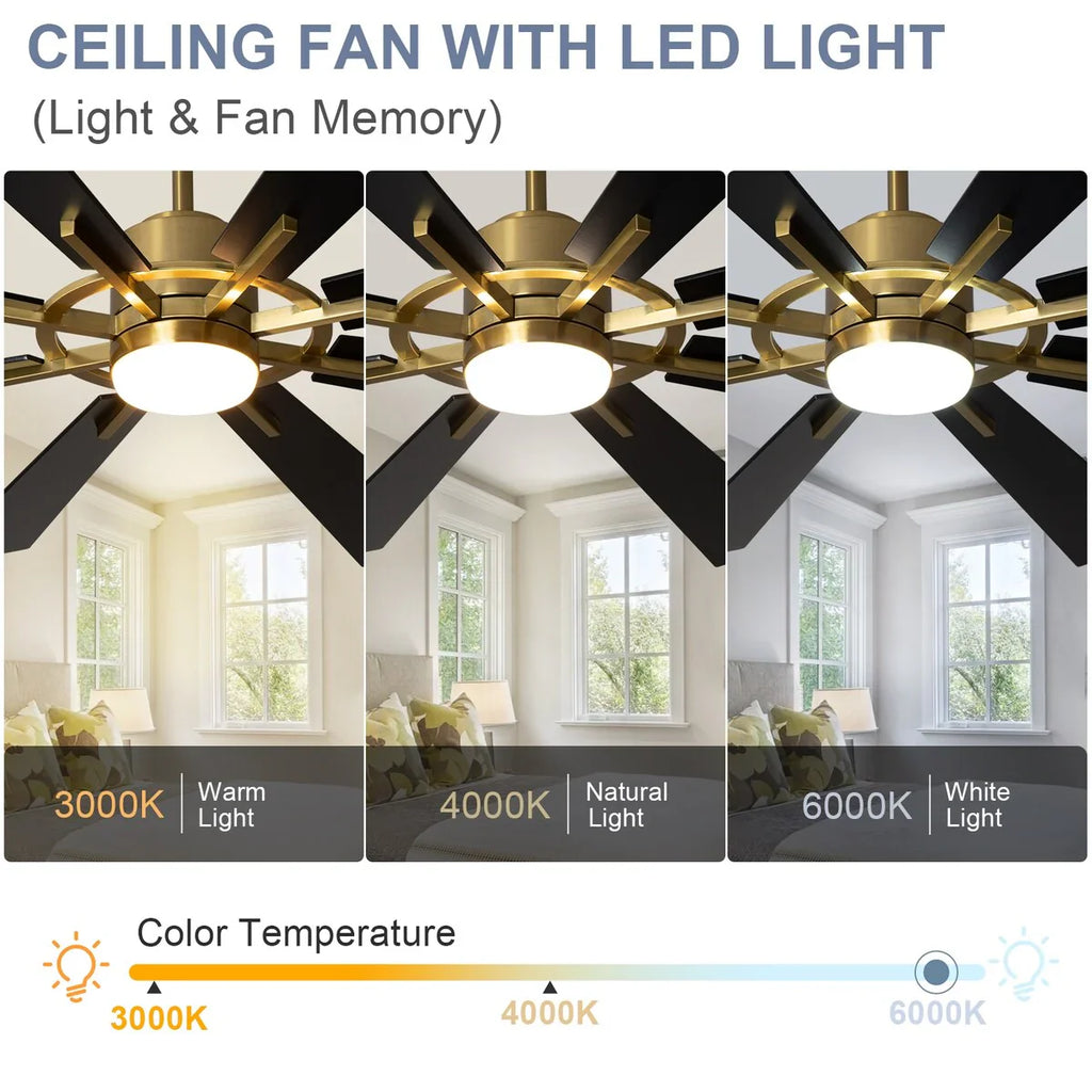 Grand ventilateur de plafond télécommandé avec éclairage et 8 grandes pales en bois