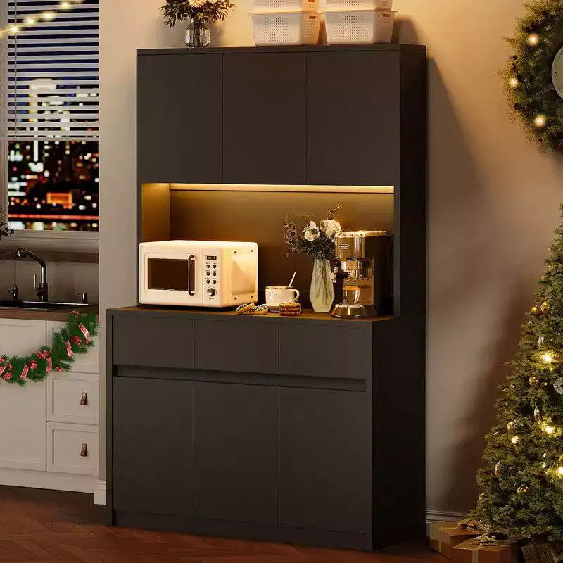 71 Zoll hoher Küchenvorratsschrank, Aufsatzschrank mit LED-Beleuchtung und Steckdosen, Buffetschrank mit Mikrowellenständer und verstellbaren Regalen