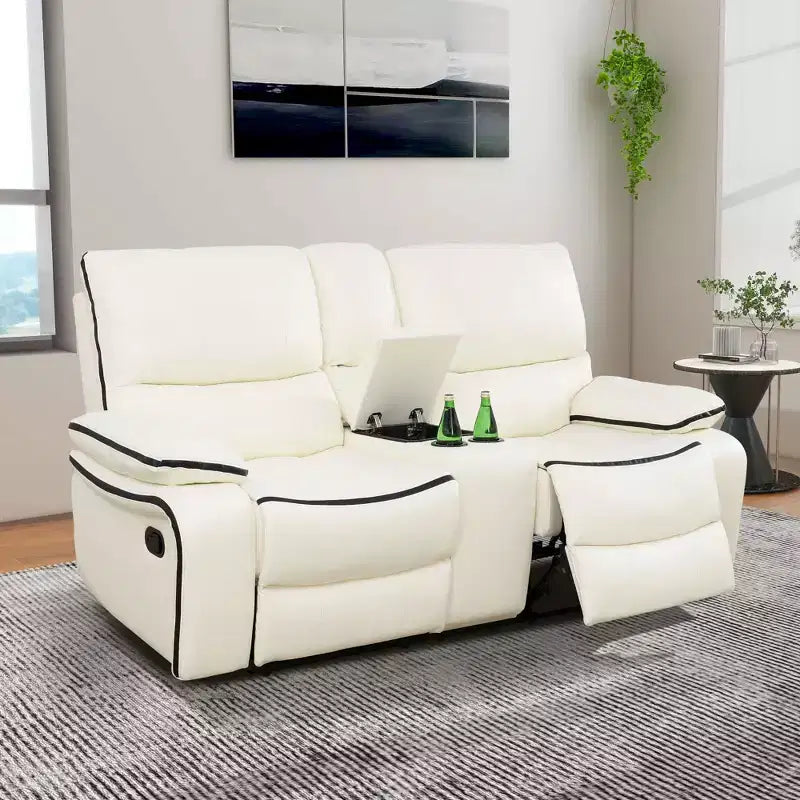 Elektrické dvoumístné polohovací loveseat MAYEERTY, elektrické kožené křeslo s odvětrávaným čalouněním, úložným prostorem a držáky na nápoje do obývacího pokoje, bílé