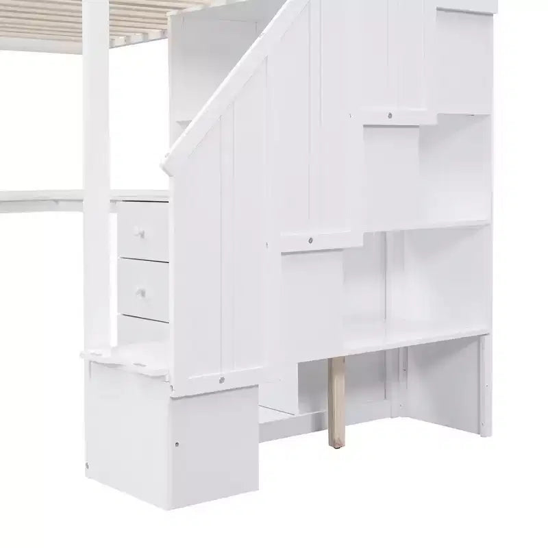 Cama alta de tamanho Twin com secretária em L, 3 gavetas, armário, arrumação nas escadas e estrutura em pinho maciço/MDF
