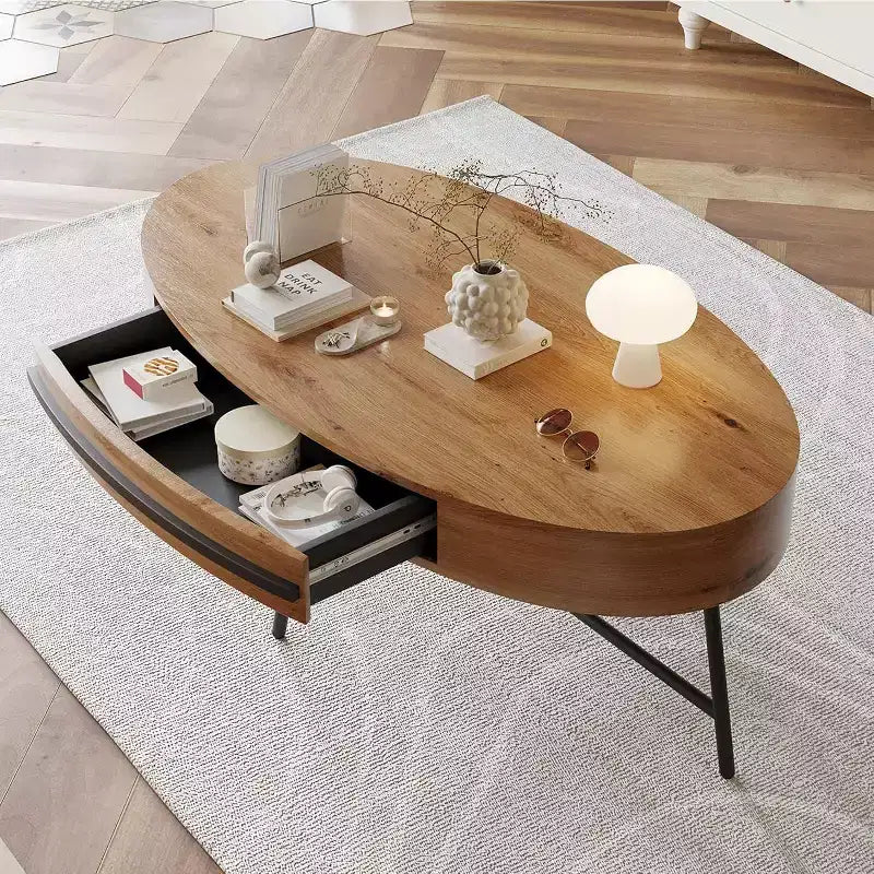 Stolik kawowy owalny Acekool z szufladą, drewniany stolik z miejscem do przechowywania 47,2" ze skrzyżowanymi metalowymi nogami, stolik centralny w stylu mid-century modern w kolorze naturalnym i złotego wierzbowca