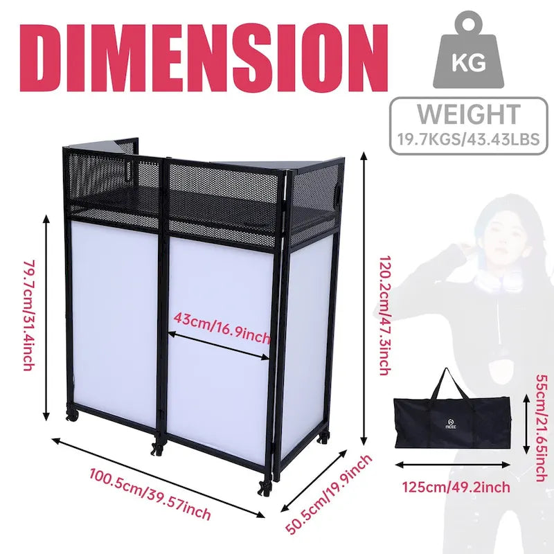 Portable DJ Booth Table Set with Integrated Lighting Scrims, Sturdy Carry Case, and Compact 40x20 inch Dimensions