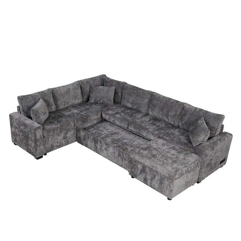 Ecksofa aus Chenille, ausziehbares Schlafsofa in L-Form mit Aufbewahrungshocker, 3 Kissen und Ladegeräten