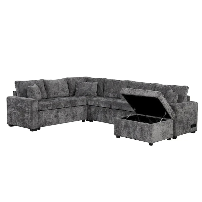Ecksofa aus Chenille, ausziehbares Schlafsofa in L-Form mit Aufbewahrungshocker, 3 Kissen und Ladegeräten