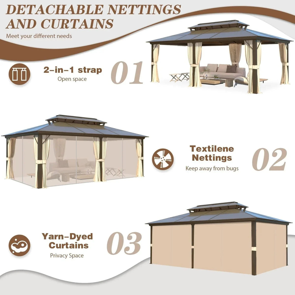EROMMY prieel met hard dak, pergola voor buiten met dubbel dak, netten en gordijnen, robuuste overkapping voor terras, achtertuin en zwembadfeestjes