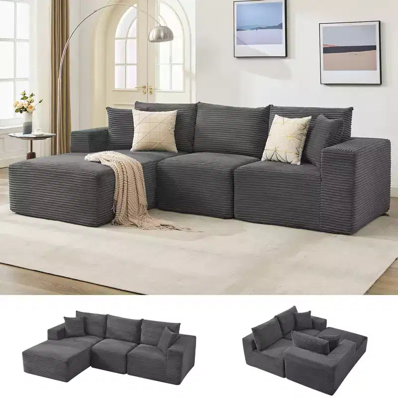 108 Nowoczesna sofa, 3-osobowa sofa tapicerowana w kształcie litery L z poduszkami, sofa z głębokim siedziskiem, bez konieczności montażu