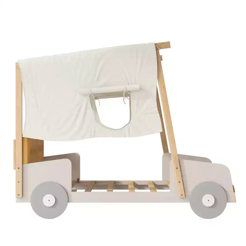Whisen-Holzbett in Autoform mit Kissen, Deckenstoff und LED – Natur
