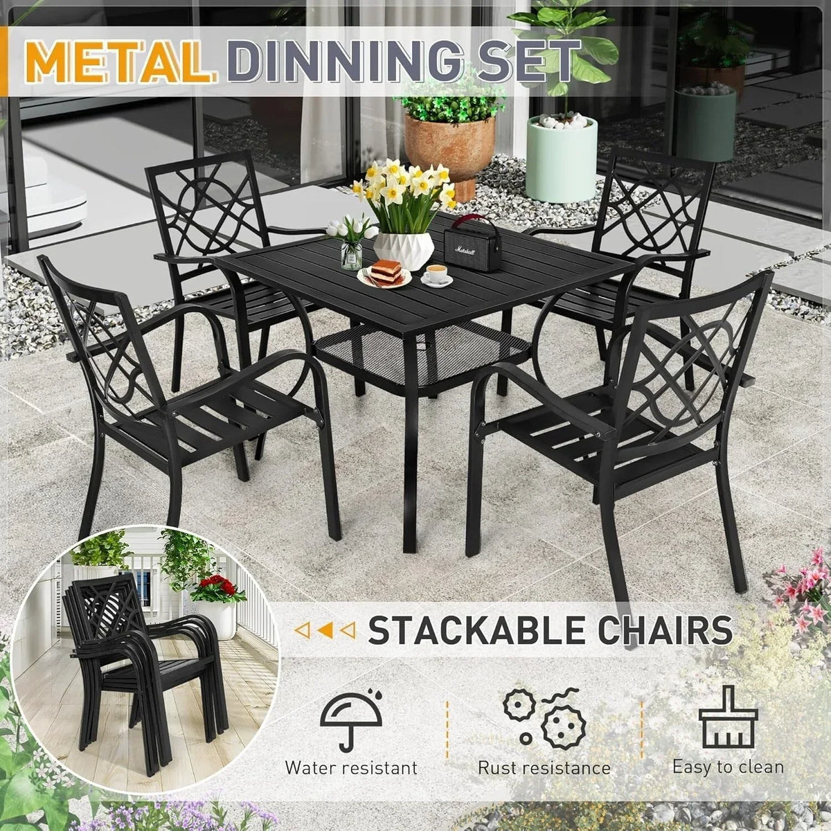 SUNCROWN Zestaw stalowych mebli jadalnianych na patio, 5/7 elementów, metalowy stół z listwowym blatem i sztaplowanymi krzesłami, rama malowana proszkowo