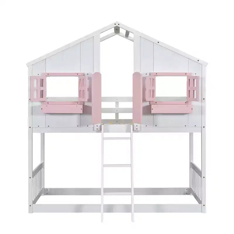 Hochbett in Einzelbettgröße in Hausform, hölzernes Spielhaus-Hochbett mit Leiter und Absturzsicherungen für Kinder