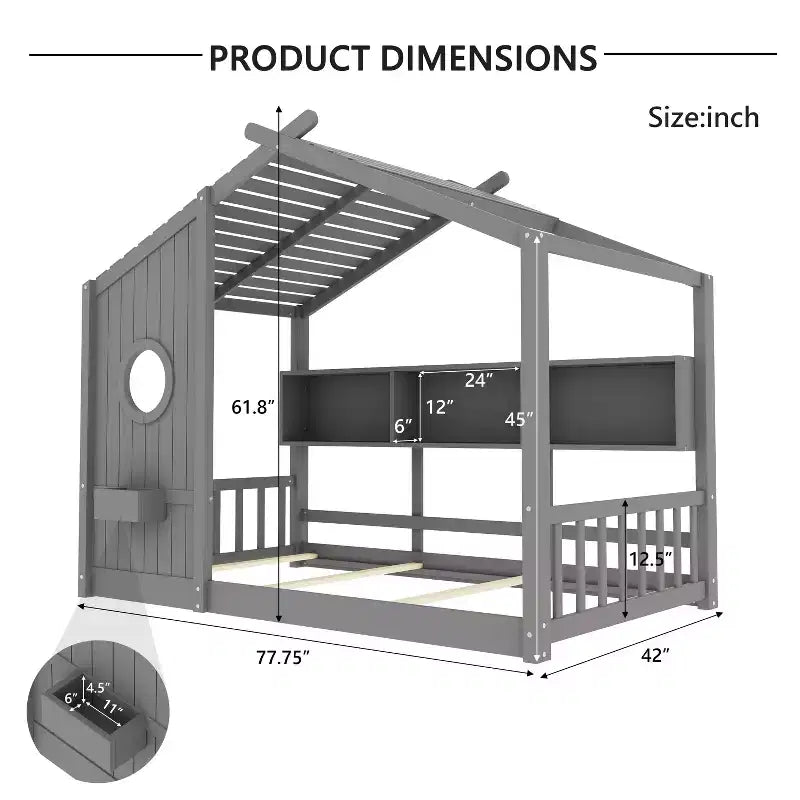 Hausbett mit Plattformrahmen in Twin-/Full-Size, Kleinkind-Bodenbett, Montessori-Kinderbett und Spielhausbett mit Ablage – ModernLuxe