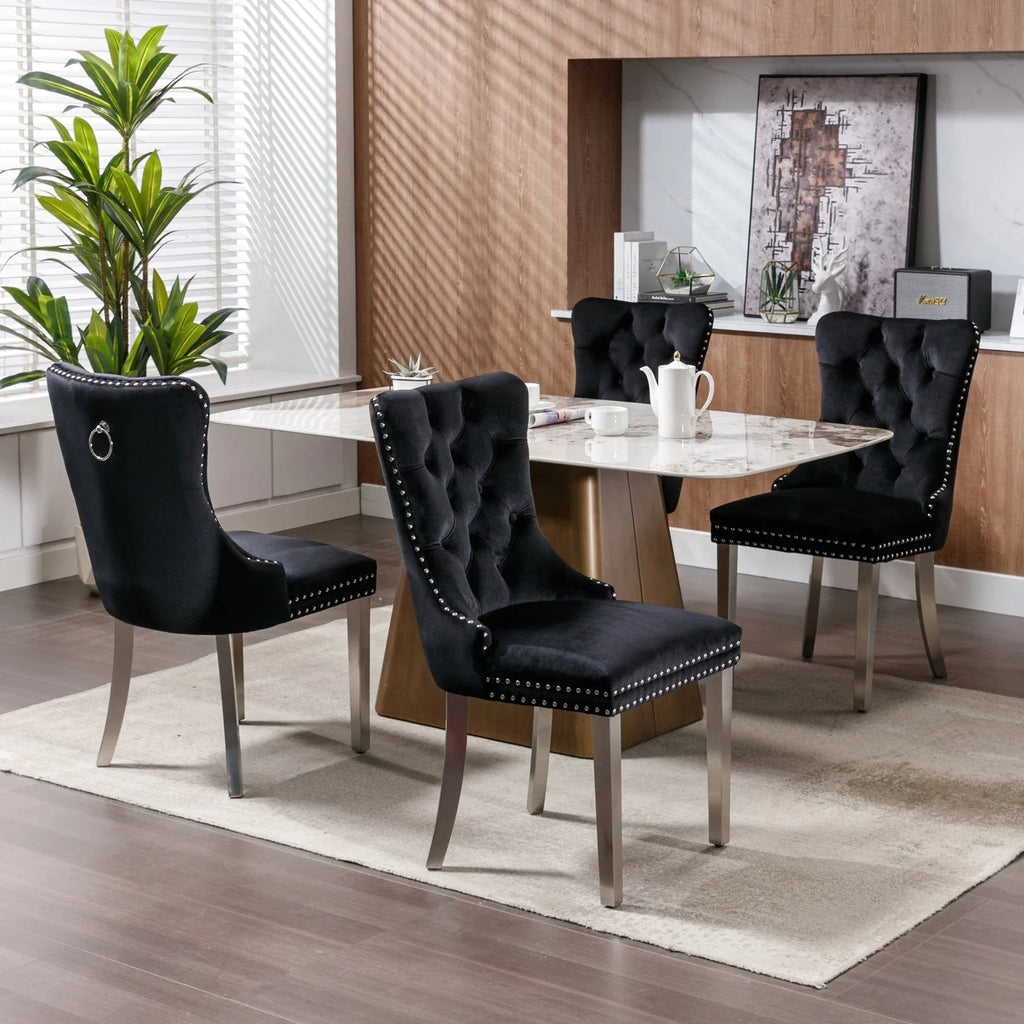 Set di 6 sedie da pranzo imbottite in velluto capitonné con gambe in legno massello