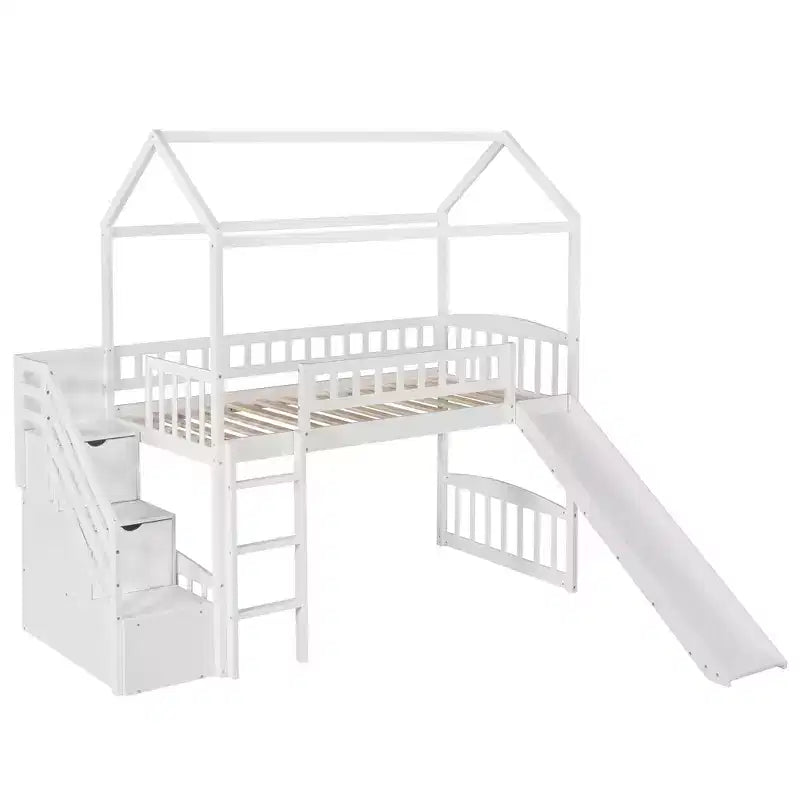 Hochbett in Hausform für zwei Personen mit Rutsche und Treppe, Hochbett mit Stauraumschubladen, Holzhütten-Hochbett für Kinder und Kleinkinder