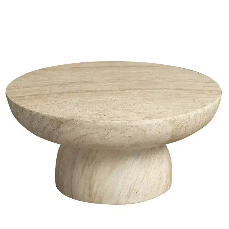 Ronde salontafel met voet van vezelsteen, sculpturale accenttafel voor binnen en buiten met antislipvoetjes