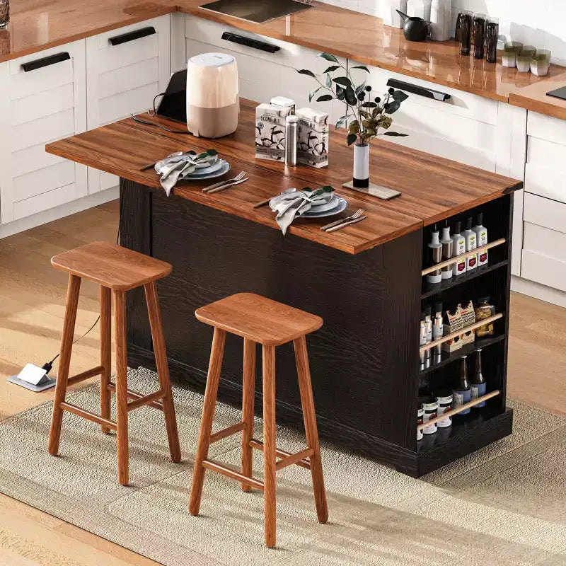 Desserte de cuisine avec portes en verre trempé, rangements latéraux, prise électrique et rallonge rabattable