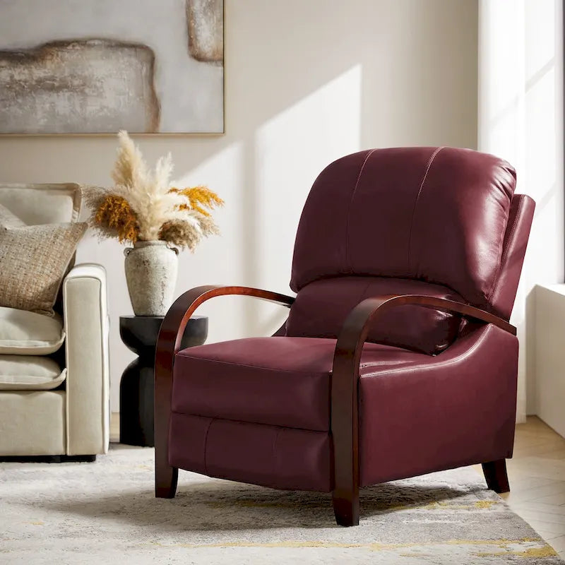 Alex mid-century moderne handmatige relaxfauteuil van echt sigarenkleurig leer met gebogen houten armleuningen