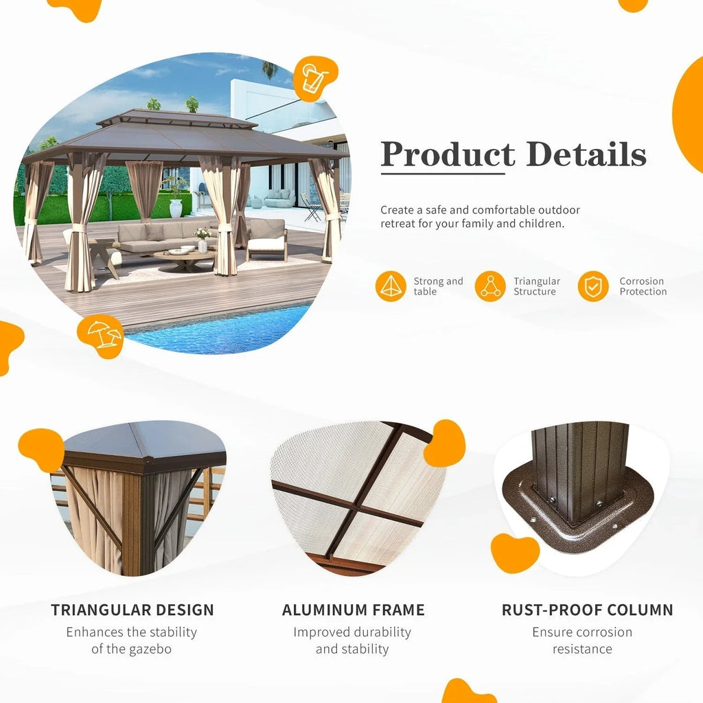 EROMMY prieel met hard dak, pergola voor buiten met dubbel dak, netten en gordijnen, robuuste overkapping voor terras, achtertuin en zwembadfeestjes