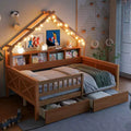 Huisbedframe voor een tweepersoonsbed met laden, huisplatformbed met ledverlichting, opbergplanken en laden, houten dagbed met dak en veiligheidshekje