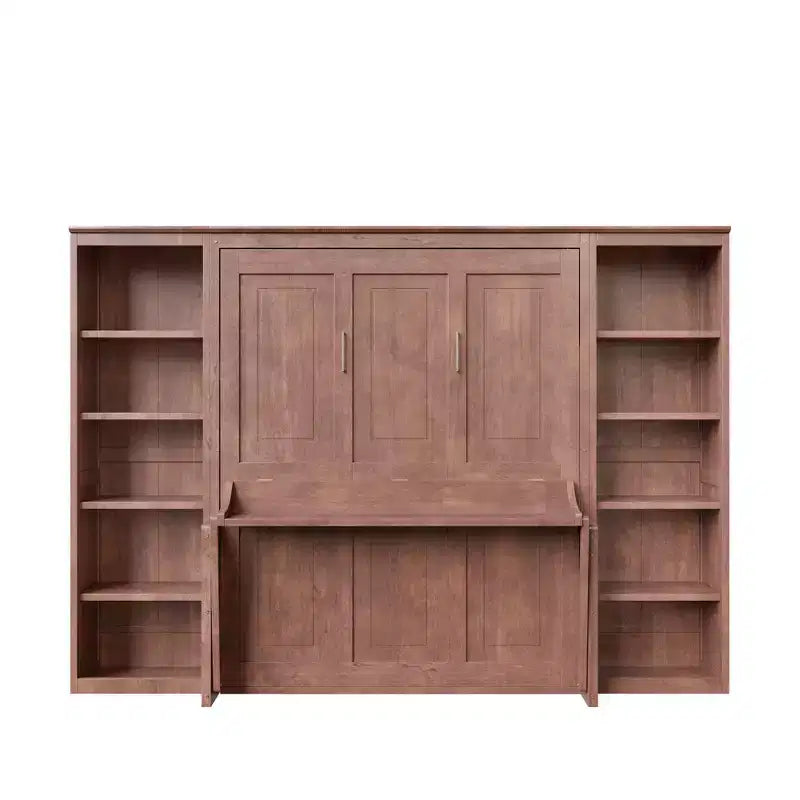 Łóżko składane (Murphy Bed) w rozmiarze Full/Queen, oszczędzające miejsce łóżko ścienne z biurkiem i regałem, ciemny brąz - ModernLuxe