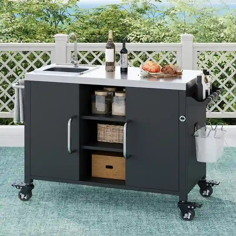 Isola da cucina da esterno con lavello, carrello bar da esterno con stazione lavello e 4 ruote bloccabili