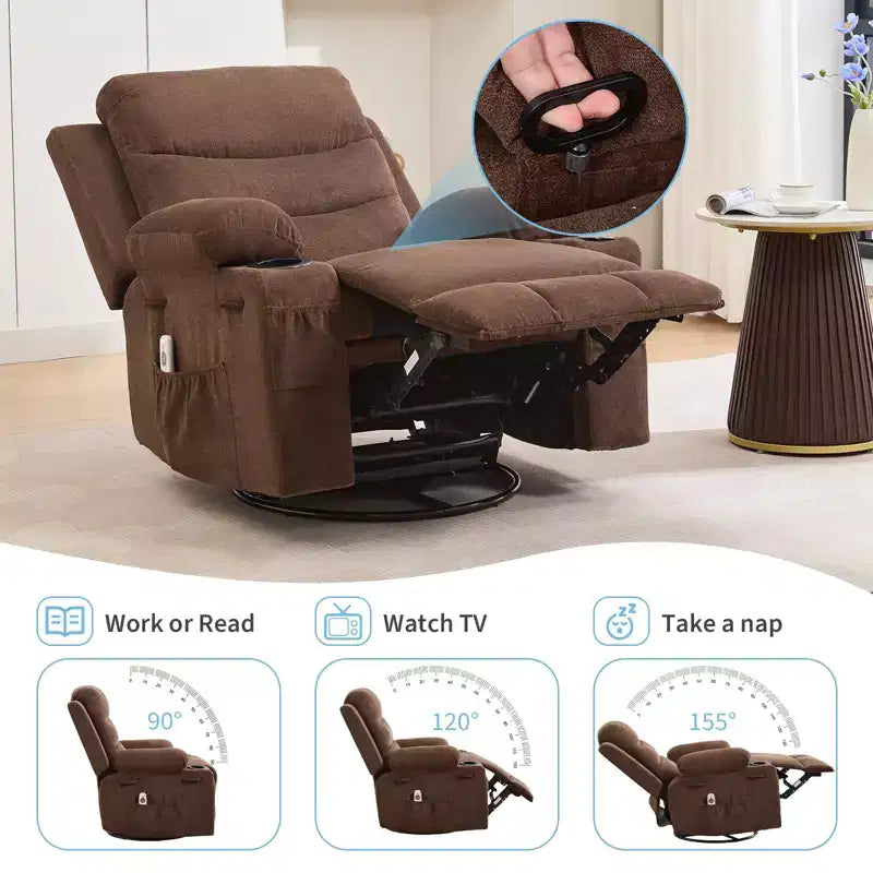 Fauteuil inclinable à bascule pivotant à 360° grand format avec massage et chauffage – fauteuil lounge ergonomique avec porte-gobelets et poches latérales pour le salon ou la chambre d’enfant