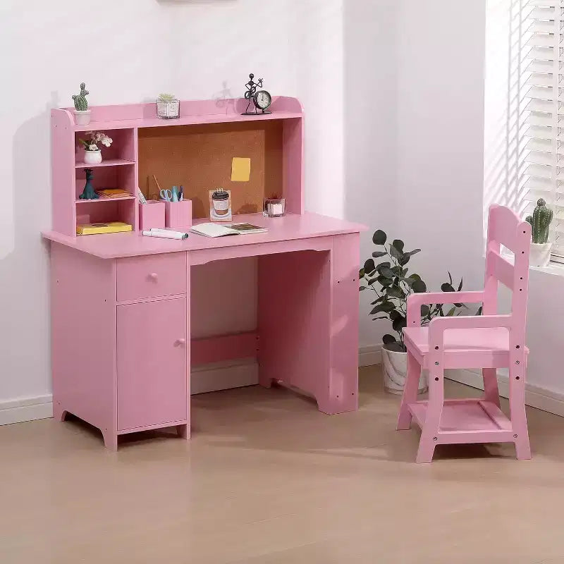 Kinderbureau met stoel voor jongens en meisjes, houten schrijftafel met boekenkast, prikbord, kast en lade voor kinderen van 3-8 jaar