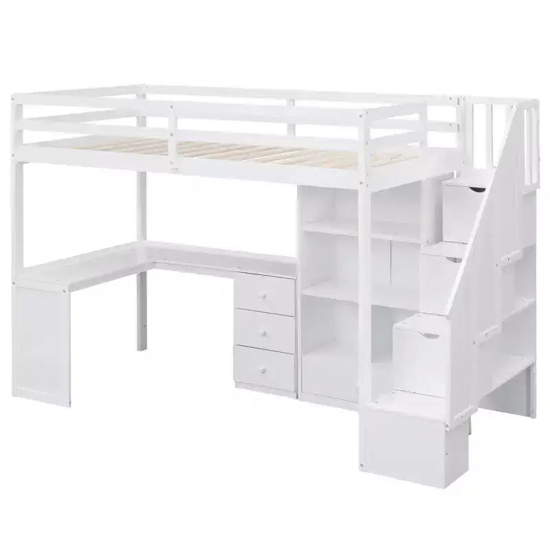 Cama alta de tamanho Twin com secretária em L, 3 gavetas, armário, arrumação nas escadas e estrutura em pinho maciço/MDF